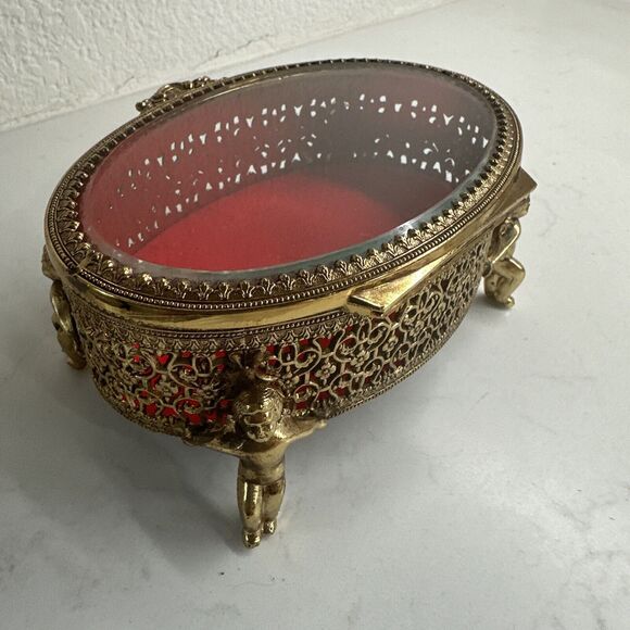 Vintage Ormulu Cherub Vanity Footed Jewelry Trinket Brass Box With Glass Top NIB - Picture 5 of 16